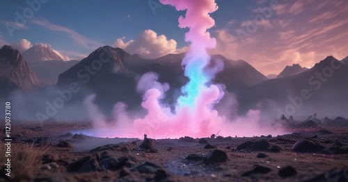 Delicate pink and blue vapor rising from the ground, eerie glow, blue vapour