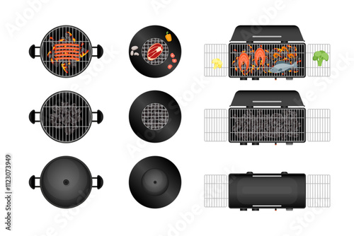 Color Different Barbecue Grill Top View with Coal and Empty Set Summer Party BBQ Picnic Concept . Vector illustration