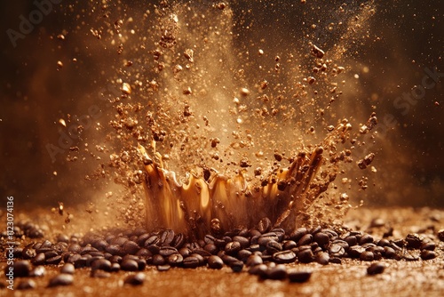 Coffee Beans Exploding In Brown Liquid Splash photo