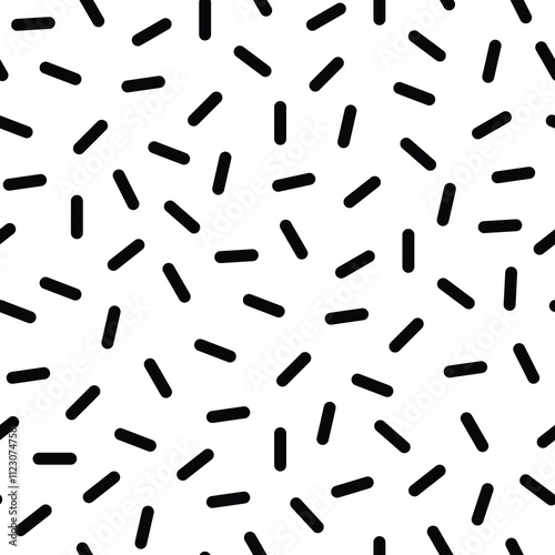 Seamless pattern featuring small, rounded black lines scattered randomly on a white background, creating a simple yet dynamic visual texture