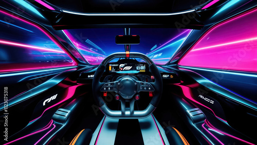 Interior of a futuristic racing car, with a glowing steering wheel and vibrant light streaks on the walls, creating a high-speed, technologically advanced atmosphere. photo