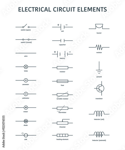 Electrical Circuit Symbol Sign Black Thin Line Icon Set Include of Diode, Switch, Resistor and Capacitor. Vector illustration of Icons