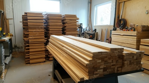 Sawn hardwood planks stacked vertically in a small woodworking workshop. photo