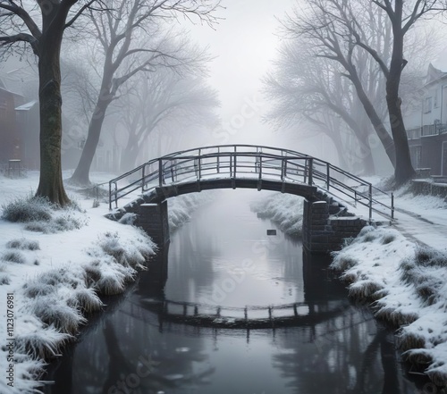 Narrow bridge spanning a frosty canal in dense fog, serene atmosphere, frozen canal, photo