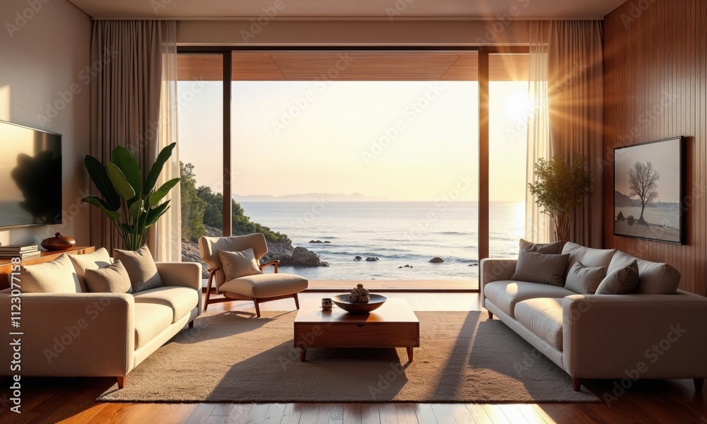 Fototapeta premium Luxurious coastal living room with panoramic ocean view at sunset. Modern interior design featuring minimalist furniture, hardwood floors and floor-to-ceiling windows framing dramatic seascape