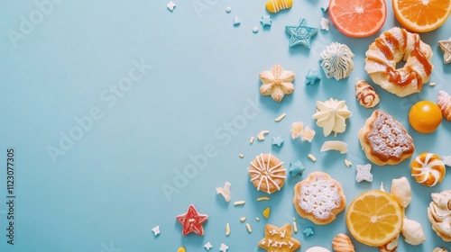 Vertical Hanukkah arrangement featuring a menorah, dreidels, Star of David, and festive pastries on a blue background photo