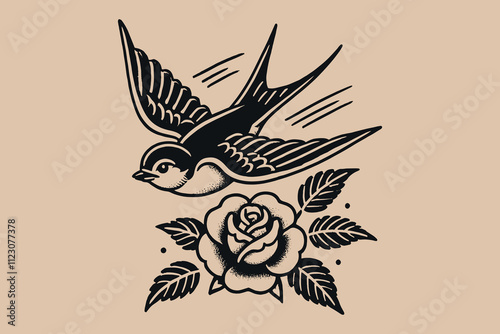  A swallow flies next to a rose flower. Black and white tattoo sketch, vector illustration, emblem