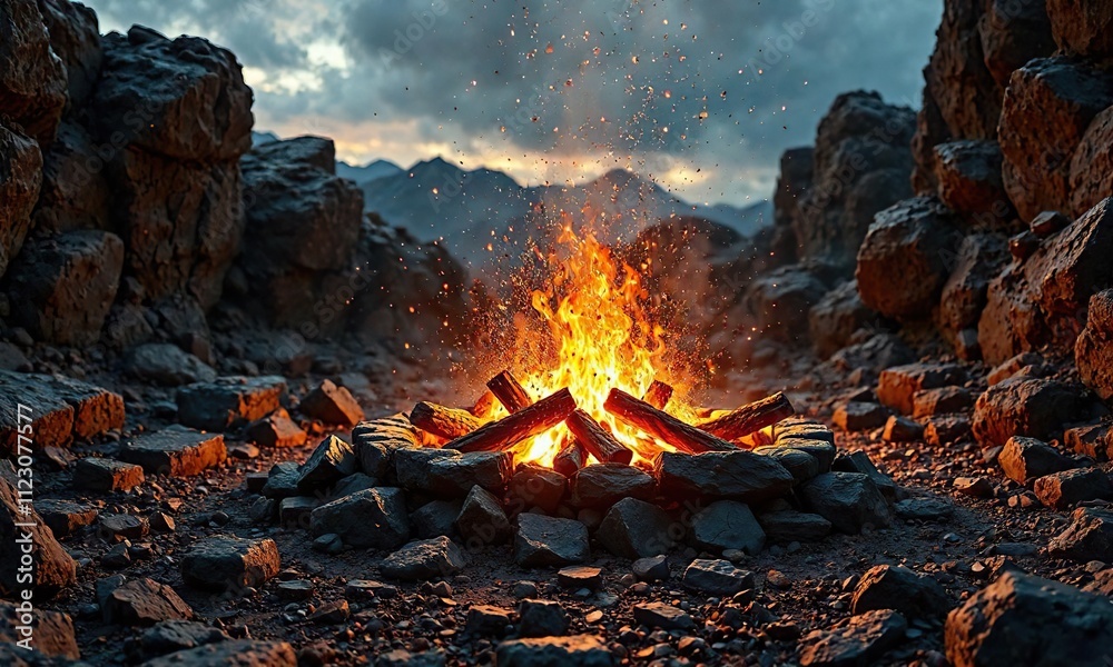Naklejka premium Rocky terrain surrounding a crackling fire pit with sparks flying everywhere , fire, sparks, wilderness