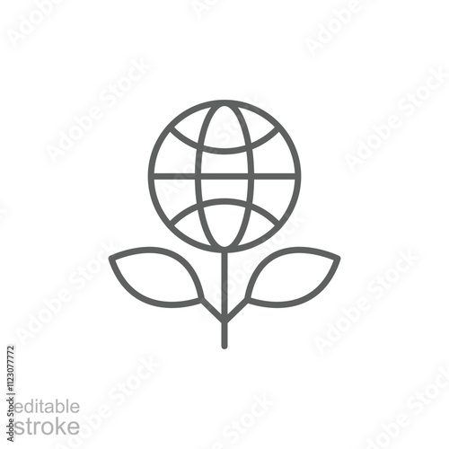 Sprout and world globe icon. Simple outline style. Planet plant leaf bio eco, green, global, protect, save nature, environment concept. Thin line symbol. Vector illustration isolated. Editable stroke.