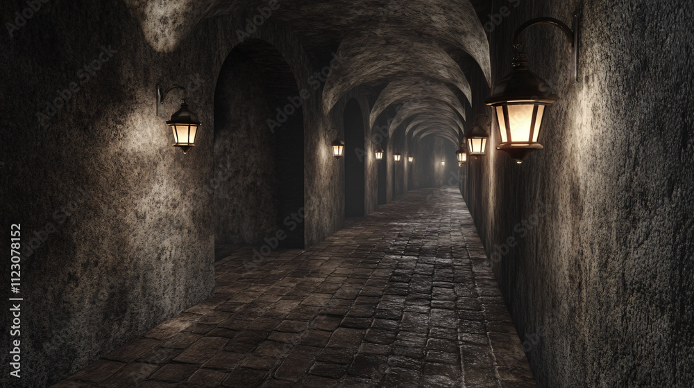 Obraz premium A cellar corridor with dim lamps flickering along the walls, casting eerie shadows on the stone floor.