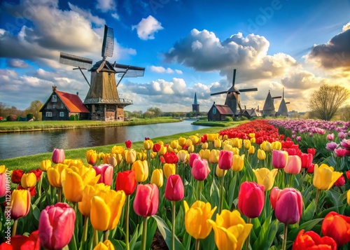 Stunning Landscape of Vibrant Tulips and Iconic Windmills in Amsterdam, Netherlands, Capturing the Essence of Springtime Beauty and Dutch Heritage in a Colorful Field