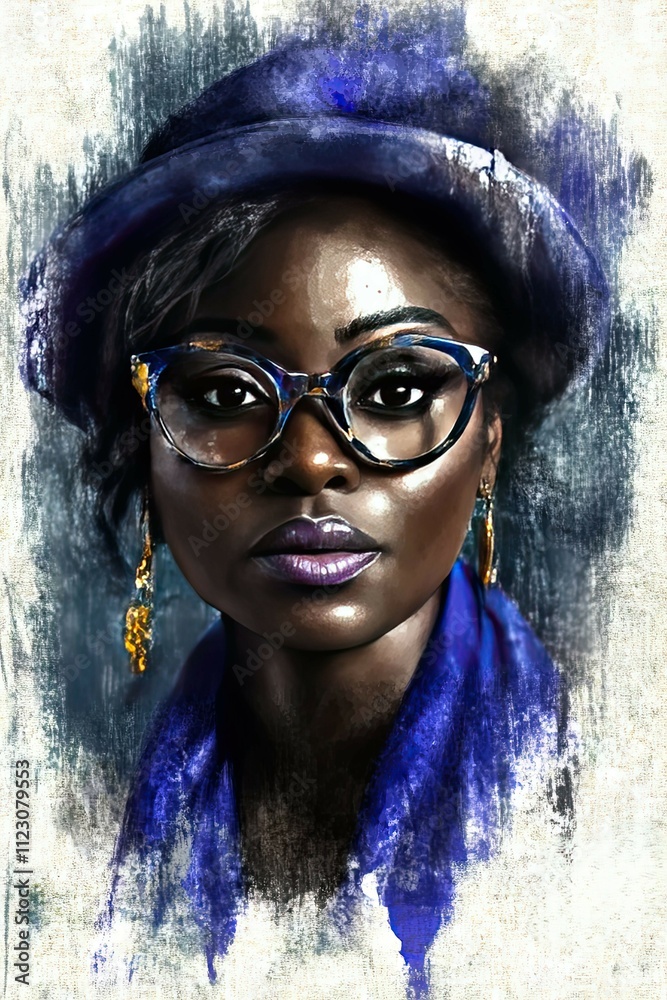 Fototapeta premium Portrait of a confident woman wearing glasses and a hat while adorned with earrings in a blue color scheme emphasizing her elegance