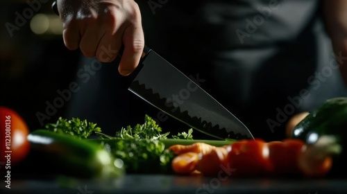 A hand holds a sharp knife, cutting through a pile of fresh vegetables on a dark surface