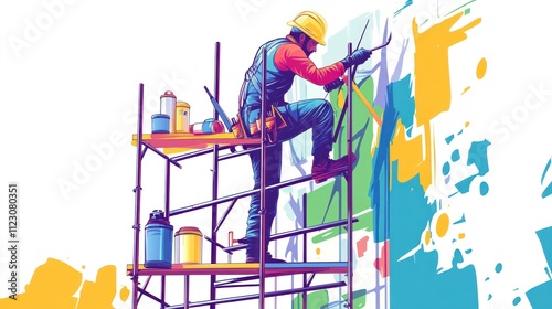 A male painter on scaffolding paints a vibrant mural. photo