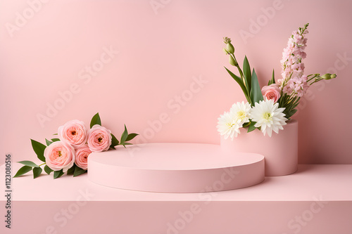 Pastel Pink Product Podium with Fresh Spring Flowers
