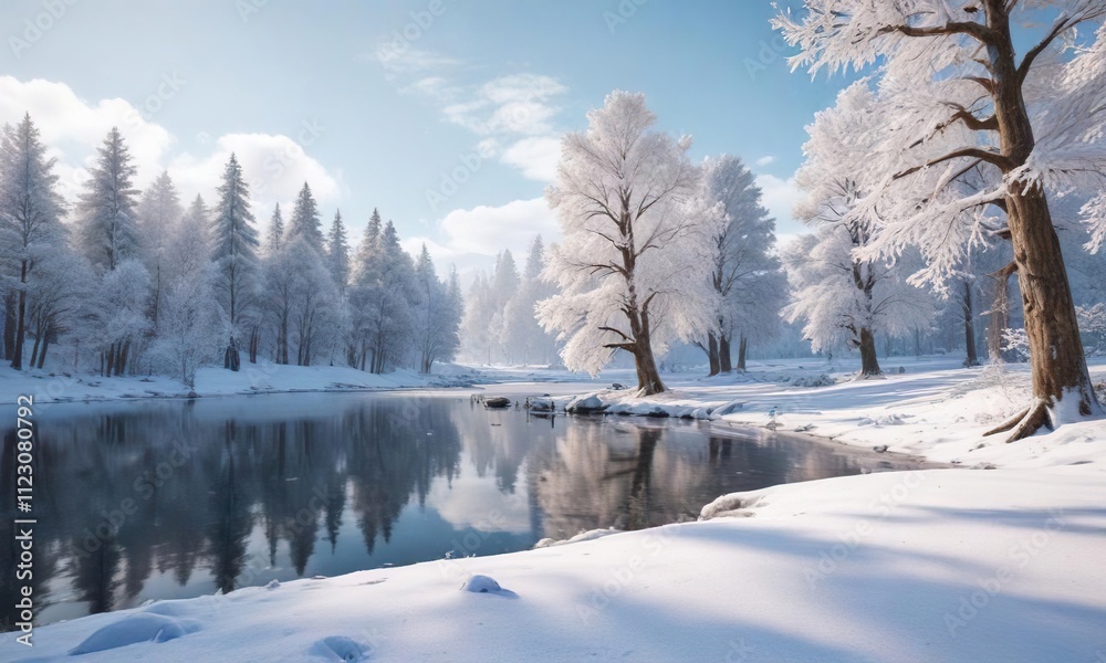 Winter wonderland with snow-covered trees and frozen lake, cold, icy Winter wonderland with snow-covered trees and frozen lake, cold, icy