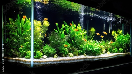 Well-maintained planted aquarium with a variety of aquatic plants and colorful fish, creating a vibrant underwater ecosystem