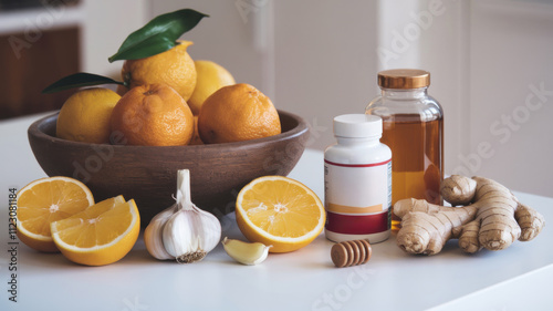 Kitchen table, with fresh citrus fruits, garlic cloves, ginger root, honey and a bottle of vitamin supplements. A composition demonstrating natural ways to strengthen immunity in winter.