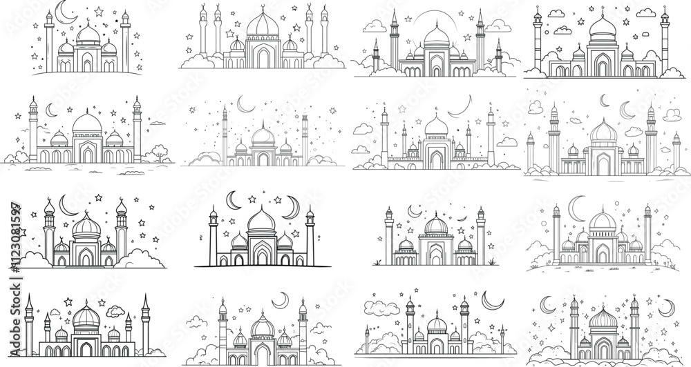 Fototapeta premium Mosque Line Art Illustrations: Islamic Architecture with Stars, Moons, and Minarets