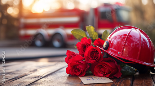 A bright red fire helmet is placed on a wooden table next to a bouquet of roses and a small handwritten love note. A firetruck can be seen subtly blurred in the background. photo