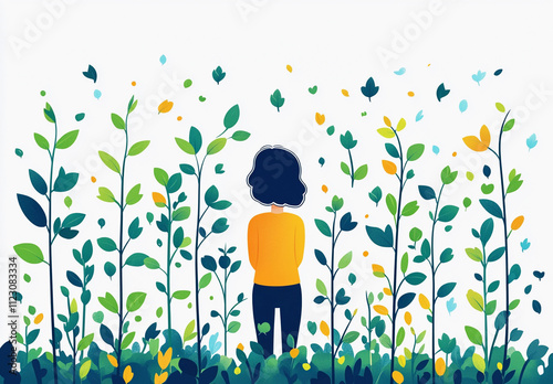 Young man boy volunteer planting a tree with care in vibrant line art illustration photo