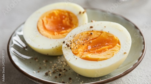 On a small platter, two chopped hard-boiled eggs, seasoned with a pinch of salt and pepper. The surface of the eggs glitters slightly, and the yolk acquires a rich orange hue. photo