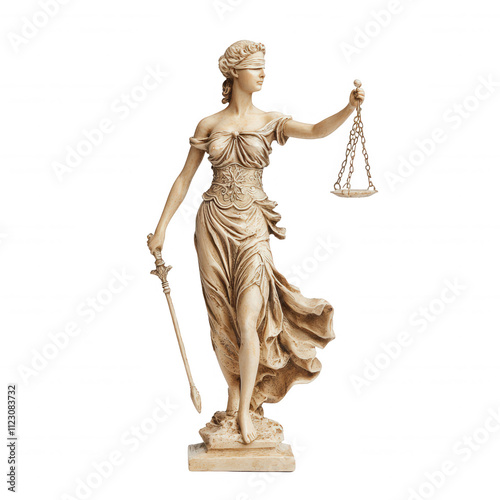 A detailed statue of Lady Justice, representing law and fairness in society., isolated on a transparent background.
