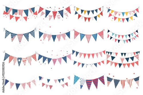 Patriotic Bunting Flags Illustrations: Red, White, and Blue Decorations for Celebrations and Festive Events