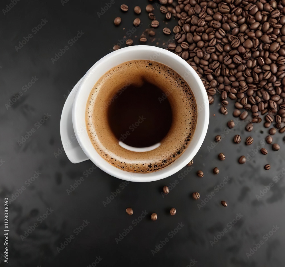 Fototapeta premium Coffee cup on black surface with coffee beans scattered around it, scattered, cup