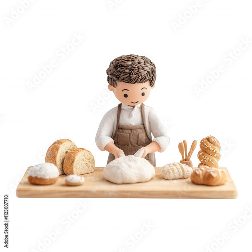 A young baker skillfully kneads dough, surrounded by freshly made bread varieties., isolated on a transparent background.