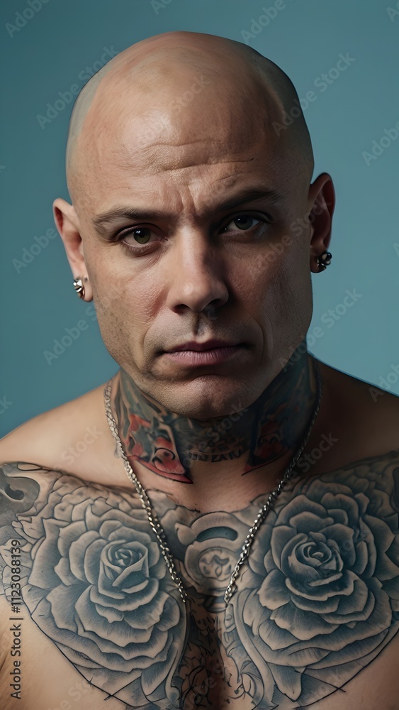 Contemplative bald man with tattoos on scalp and neck, light background ...