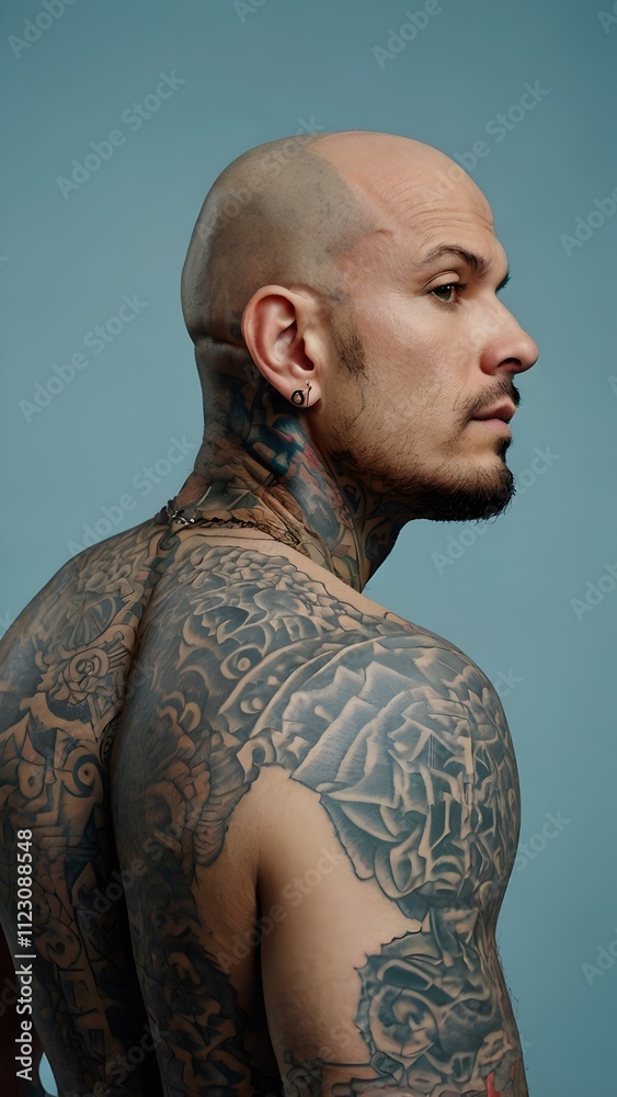 Contemplative bald man with tattoos on scalp and neck, light background ...
