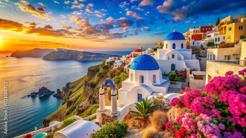 Stunning View of Santorini Island in Greece as a Background, Captured in Marche Region, Italy - A Breathtaking European Landscape for Travel and Adventure Enthusiasts