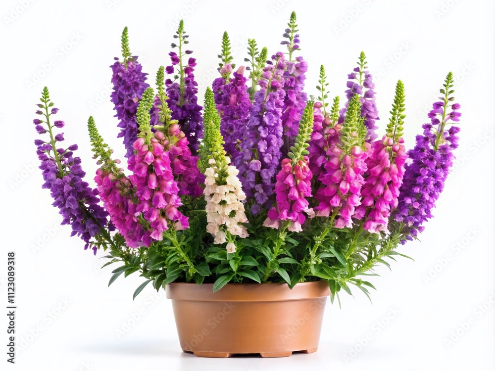 Naklejka premium Stunning Violet Snapdragon Flower Pot Featuring Angelonia Goyazensis and Digitalis Solicariifolia, Perfect for Home Interior Garden Decoration on a White Background