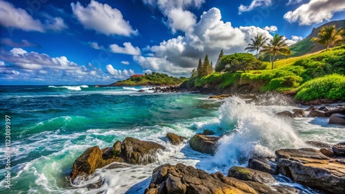 Stunning Waves Crashing Against the Rocky Shore of Pounders Beach, Oahu, with Lush Greenery in Background and Clear Blue Sky, Perfect for Travel and Nature Enthusiasts