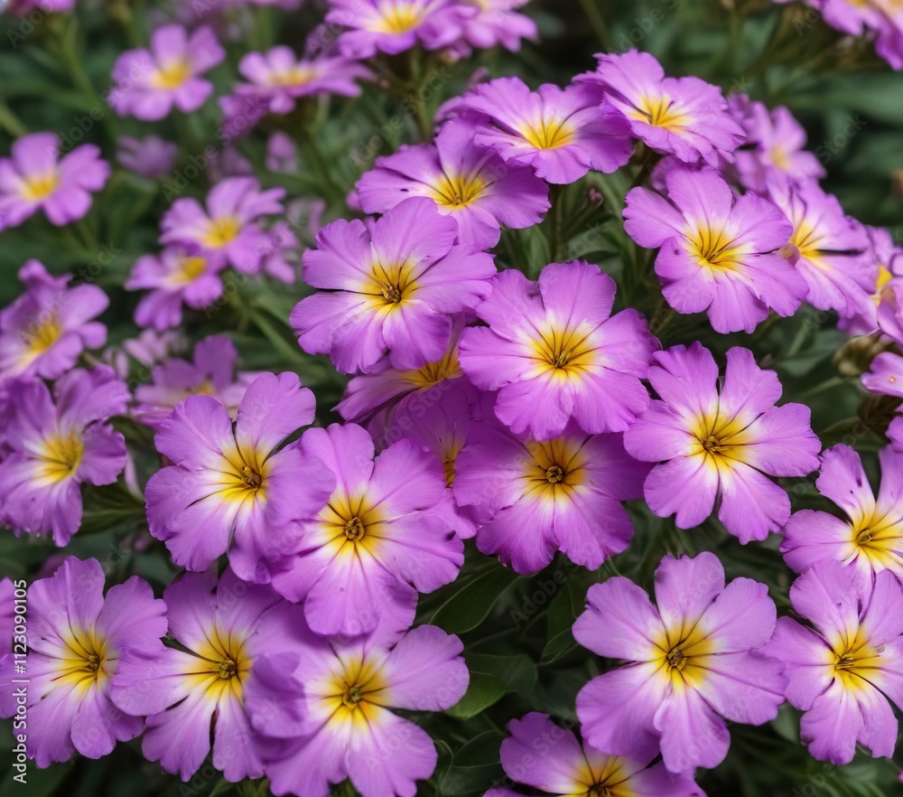 Fototapeta premium Detail of Phlox paniculata Purple Flame flowers with yellow centers , blooming plant , spring blooms