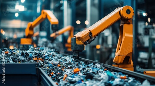 Robotic arms sorting recyclable materials in a circular economy-focused facility photo