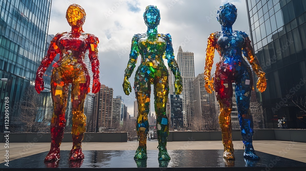 Naklejka premium Giant plastic figures made from plastic waste stand in the city, reflecting the environmental issues in a powerful way, suitable for use in campaigns to reduce waste and raise environmental awareness.