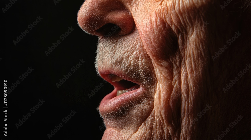 Fototapeta premium The detailed folds of skin around the mouth of an elderly man while speaking.