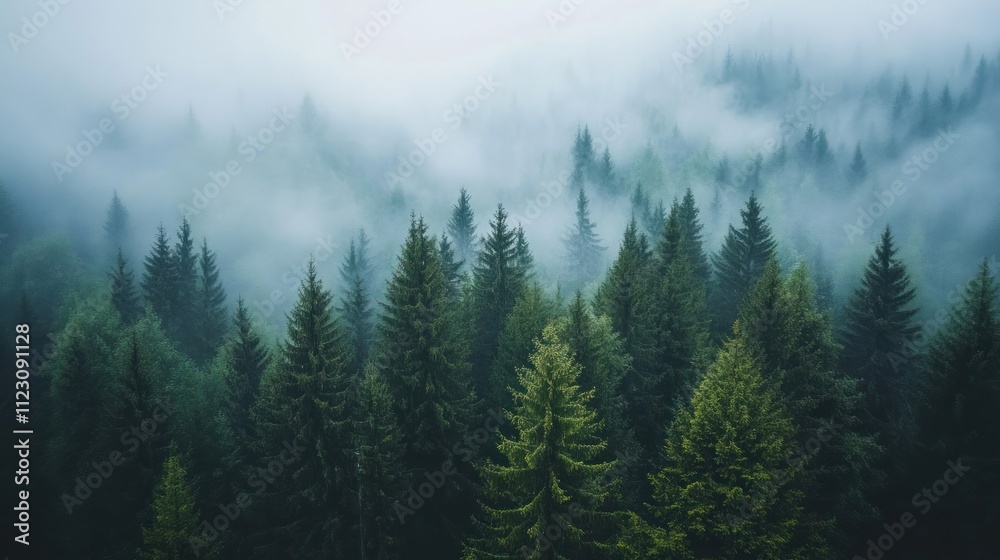 Fototapeta premium A misty forest landscape with dense evergreen trees enveloped in fog, creating a serene and tranquil atmosphere.