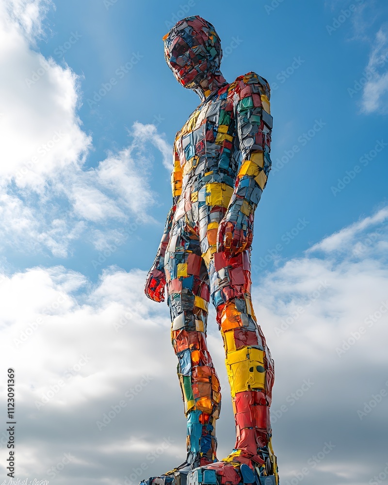 Fototapeta premium Giant plastic figures made from plastic waste stand in the city, reflecting the environmental issues in a powerful way, suitable for use in campaigns to reduce waste and raise environmental awareness.