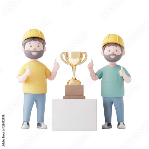 Two cheerful workers celebrating an achievement with a trophy., isolated on a transparent background.