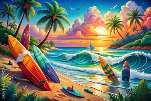 Surf Scene with Vibrant Colors and Line Art Design Perfect for Summer Promotions and Beach Lifestyle Marketing, Showcasing Waves, Boards, and Energetic Atmosphere photo