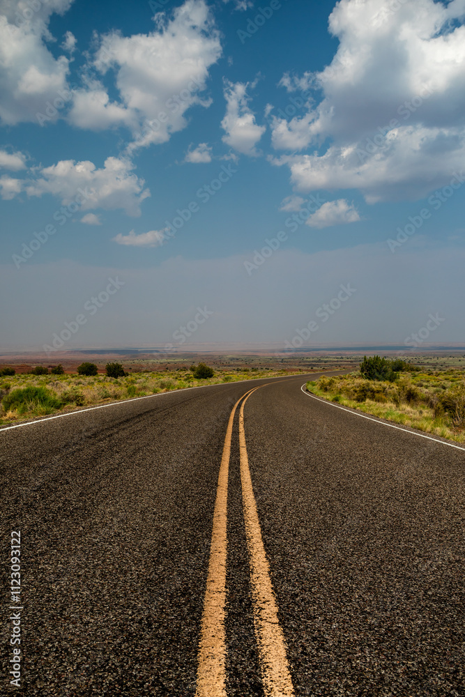 Fototapeta premium Road, Highway in beautfiul Summer Landscape, during Day, wide Horizon, blue Sky and Copy Sapce