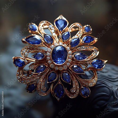 stunning gold brooch adorned with blue sapphires and diamonds, showcasing intricate design and elegance. Perfect for special occasions