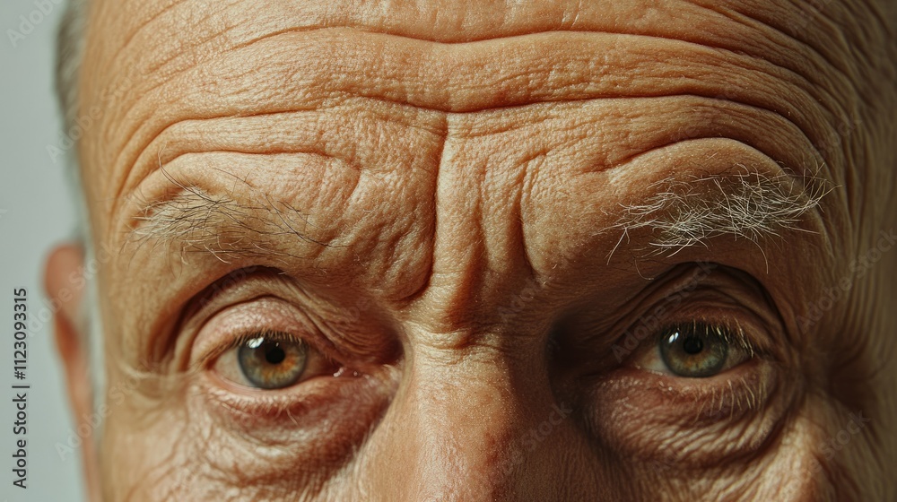 The fine creases on the forehead of an elderly man, with a contemplative expression. The fine creases on the forehead of an elderly man, with a contemplative expression.