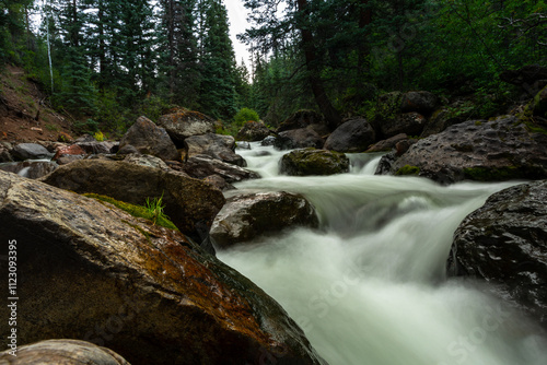 Low-Angle View of a flowing Creekin the Woods, Long-Time Exposure - Copy Space