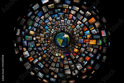 Abstract digital globe representing global connectivity with floating media content images