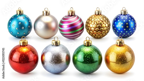 A set of colorful Christmas baubles with metallic finishes, isolated on a white background, showcasing festive holiday decorations perfect for Christmas and New Year celebrations, adding sparkle  photo