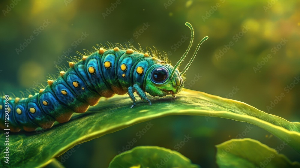 A caterpillar munching on a leaf, its body growing and preparing for the transformation into a butterfly. A caterpillar munching on a leaf, its body growing and preparing for the transformation into a butterfly.